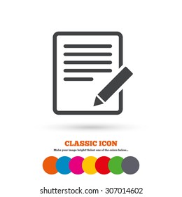 Edit Document Sign Icon. Edit Content Button. Classic Flat Icon. Colored Circles. Vector