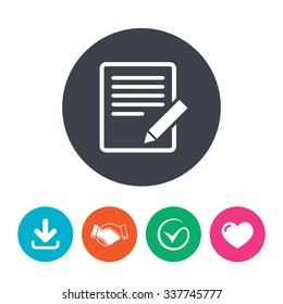Edit document sign icon. Edit content button. Download arrow, handshake, tick and heart. Flat circle buttons.