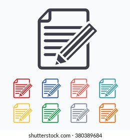 Edit document sign icon. Edit content button. Colored flat icons on white background.