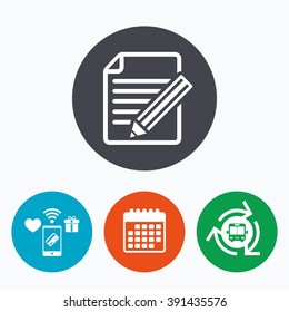 Edit document sign icon. Edit content button. Mobile payments, calendar and wifi icons. Bus shuttle.