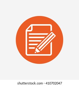 Edit document sign icon. Edit content button. Orange circle button with icon. Vector