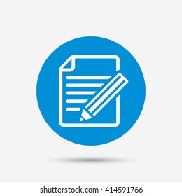Edit document sign icon. Edit content button. Blue circle button with icon. Vector