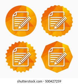Edit document sign icon. Edit content button. Triangular low poly buttons with flat icon. Vector