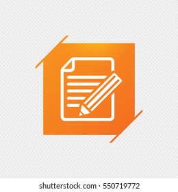 Edit document sign icon. Edit content button. Orange square label on pattern. Vector