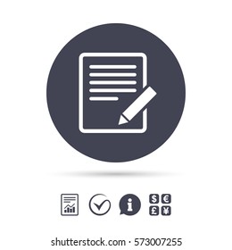 Edit document sign icon. Edit content button. Report document, information and check tick icons. Currency exchange. Vector