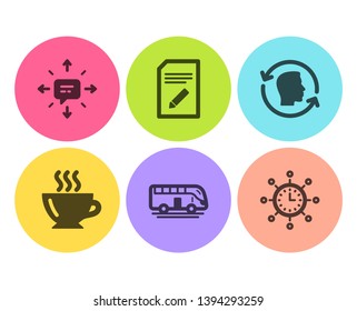 Edit document, Sms and Coffee icons simple set. Bus tour, Face id and World time signs. Page with pencil, Conversation. Business set. Flat edit document icon. Circle button. Vector