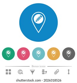 Edite los iconos blancos planos de la ubicación del GPS en los fondos de color redondo. 6 iconos de bonificación incluidos.