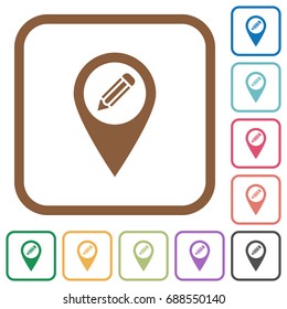 Edit GPS map location simple icons in color rounded square frames on white background