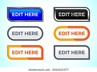 Edit Here button set of different shapes and colors. Suitable for mobile app, and website UI design.