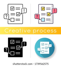 Edit icon. Checklist for draft. Examine paperwork for errors. Incorrect work. Productivity review. Mark message. Grammar correction. Linear black and RGB color styles. Isolated vector illustrations