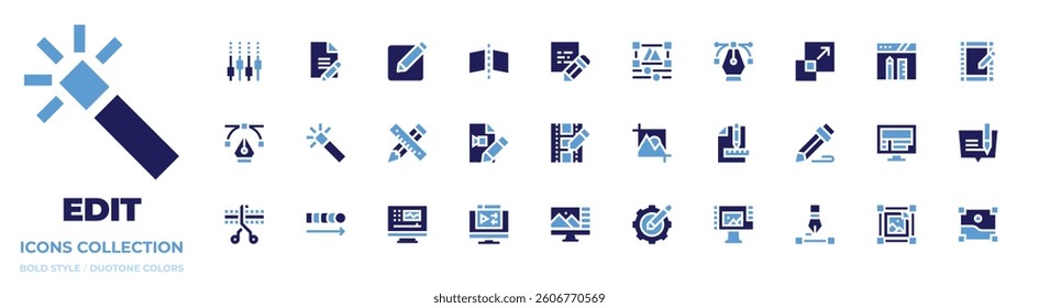 Edit icon collection. Bold style. Duotone colors. edit, edit file, pencil, mixer, flip, wand, video editing, graphic design, note, scale, pen tool.