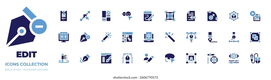 Edit icon collection. Bold style. Duotone colors. user, graphics edition, photo editing, sound editing, magic wand, highlighter, write, scale, add.