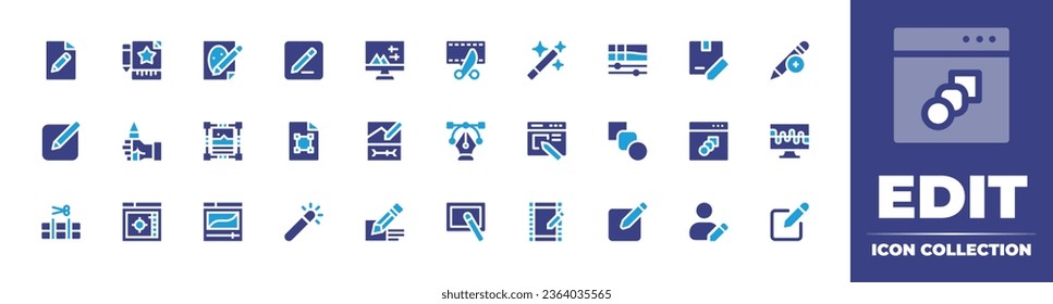 Edit icon collection. Duotone color. Vector illustration. Containing editing, user avatar, edit, video editing, magic tool, vector, web design, photo editing, write, clip editing, blend, fusion.