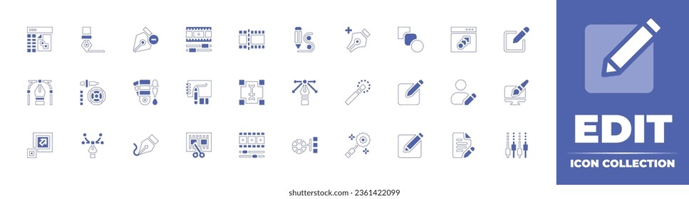 Edit icon collection. Duotone style line stroke and bold. Vector illustration. Containing editing, user avatar, edit, content writing, graphic design, mixer, video edition, sketchbook, and more.