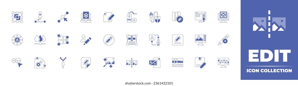 Edit icon collection. Duotone style line stroke and bold. Vector illustration. Containing user, write, paper, edit, image, edit map, edit code, edition, editing, additive synthesis, crop, and more.