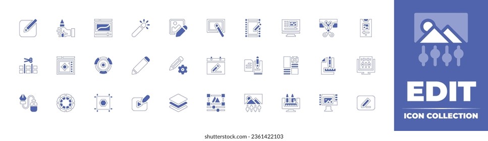 Edit icon collection. Duotone style line stroke and bold. Vector illustration. Containing pencil, edit image, video, layer, photo editing, video editing, calendar, literature, write, and more.