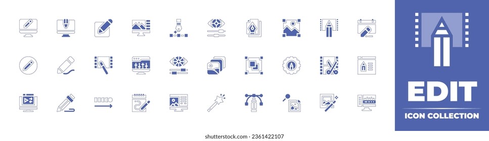 Edit icon collection. Duotone style line stroke and bold. Vector illustration. Containing image, video editing, settings, movie, edit, dodge, photo editing, browser, audio editing, and more.