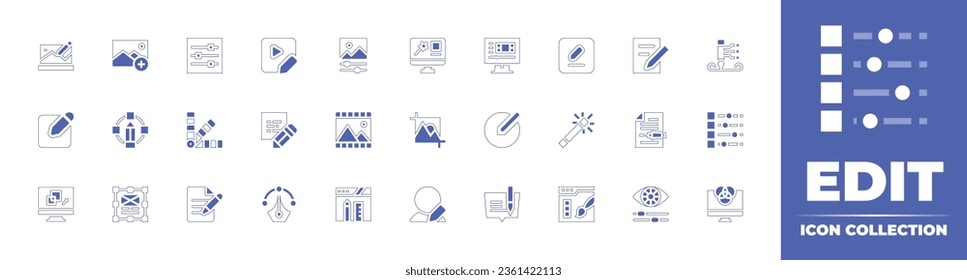 Editar colección de iconos. Curso de línea de estilo duotónico y negrita. Ilustración vectorial. Contiene archivo, edición, nota, vector, película, edición de vídeo, edición de fotos, edición de vídeo, edición, edición de imágenes y más.