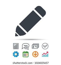 Edit icon. Pencil for drawing symbol. Statistics chart, chat speech bubble and contacts signs. Check web icon. Vector