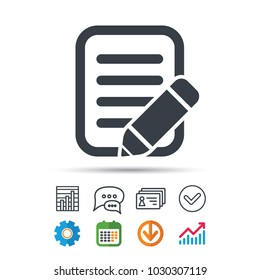 Edit icon. Pencil for drawing symbol. Statistics chart, chat speech bubble and contacts signs. Check web icon. Vector