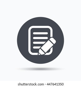 Edit icon. Pencil for drawing symbol. Flat web button with icon on white background. Gray round pressbutton with shadow. Vector
