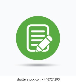 Edit icon. Pencil for drawing symbol. Flat web button with icon on white background. Green round pressbutton with shadow. Vector