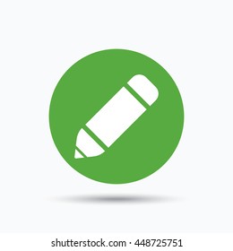 Edit icon. Pencil for drawing symbol. Flat web button with icon on white background. Green round pressbutton with shadow. Vector