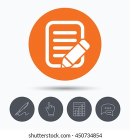 Edit icon. Pencil for drawing symbol. Speech bubbles. Pen, hand click and chart. Orange circle button with icon. Vector