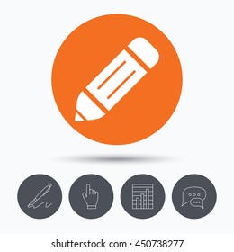 Edit icon. Pencil for drawing symbol. Speech bubbles. Pen, hand click and chart. Orange circle button with icon. Vector