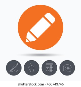 Edit icon. Pencil for drawing symbol. Speech bubbles. Pen, hand click and chart. Orange circle button with icon. Vector