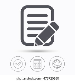 Edit icon. Pencil for drawing symbol. Check tick, graph chart and internet globe. Linear icons on white background. Vector