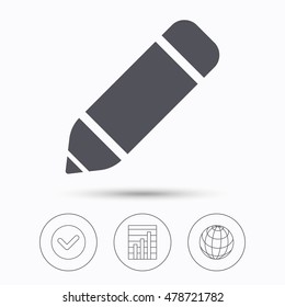 Edit icon. Pencil for drawing symbol. Check tick, graph chart and internet globe. Linear icons on white background. Vector