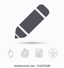 Edit icon. Pencil for drawing symbol. Stopwatch timer. Hand click, report chart and download arrow. Linear icons. Vector