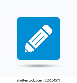 Edit icon. Pencil for drawing symbol. Blue square button with flat web icon. Vector