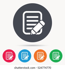 Edit icon. Pencil for drawing symbol. Colored circle buttons with flat web icon. Vector