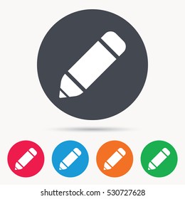 Edit icon. Pencil for drawing symbol. Colored circle buttons with flat web icon. Vector