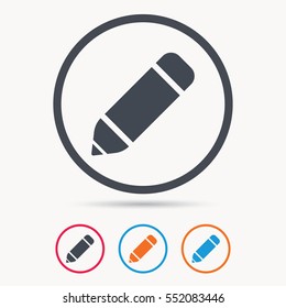 Edit icon. Pencil for drawing symbol. Colored circle buttons with flat web icon. Vector
