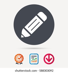 Edit icon. Pencil for drawing symbol. Report document, award medal with tick and new tag signs. Colored flat web icons. Vector