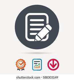 Edit icon. Pencil for drawing symbol. Report document, award medal with tick and new tag signs. Colored flat web icons. Vector