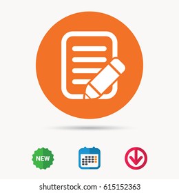 Edit icon. Pencil for drawing symbol. Calendar, download arrow and new tag signs. Colored flat web icons. Vector