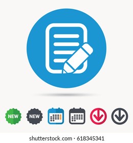 Edit icon. Pencil for drawing symbol. Calendar, download arrow and new tag signs. Colored flat web icons. Vector