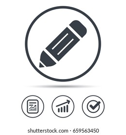 Edit icon. Pencil for drawing symbol. Report document, Graph chart and Check signs. Circle web buttons. Vector