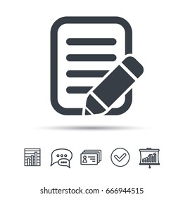 Edit icon. Pencil for drawing symbol. Chat speech bubble, chart and presentation signs. Contacts and tick web icons. Vector
