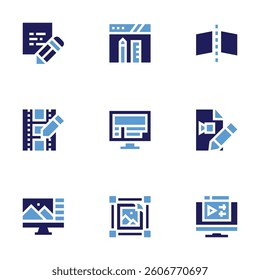 Edit icon set. Bold style. Duotone colors. flip, note, edit video, film editing, video editor, image, image editor.