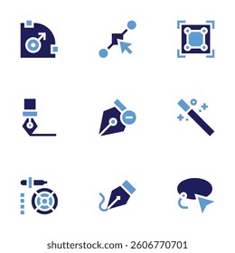 Edit icon set. Bold style. Duotone colors. scale, curvature, anchor point, border, ink pen, magic wand, color palette, remove, lasso.