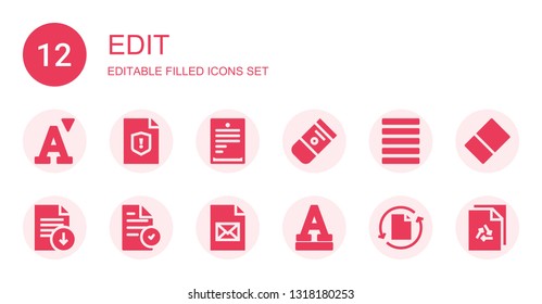 edit icon set. Collection of 12 filled edit icons included Font, File, Text lines, Eraser, Justify