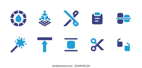 Edit icon set. Duotone color. Vector illustration. Containing blur, 3d graphics, scissors, clipboard, center align, magic wand, vertical alignment, center align, clip, quotes.