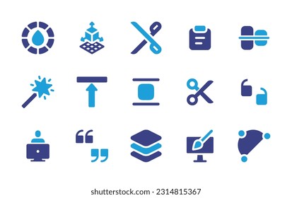 Edit icon set. Duotone color. Vector illustration. Containing blur, d graphics, scissors, clipboard, center align, magic wand, vertical alignment, clip, quotes, content creator, quotation marks.
