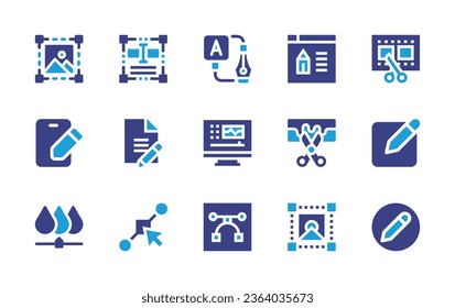 Edit icon set. Duotone color. Vector illustration. Containing image, browser, video editing, text editor, app, write, edit file, edit, editing, audio editing, rgb, anchor point, vector, scale.