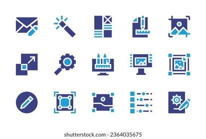 Edit icon set. Duotone color. Vector illustration. Containing write mail, wand, scale, research, graphics edition, edit tools, photo editing, crop, image, edit, configuration, planning.